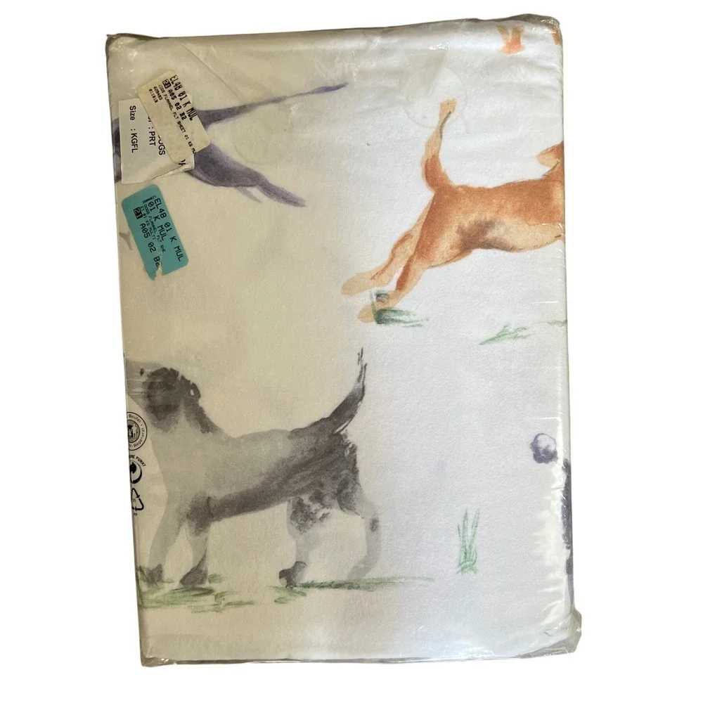 The Company Store Dogs Flannel Flat Sheet King Cotton Watercolor Whimsical Rare